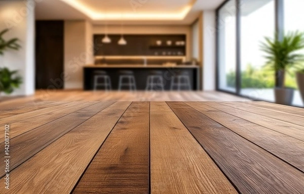 Fototapeta Modern kitchen interior view from above a wooden table