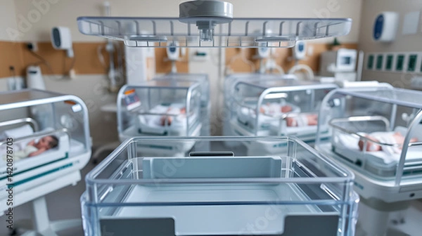 Fototapeta Empty infant incubator in an hospital room. Specially equipped room with newborn babys sleeping in incubators in the Obstetrics and Gynecology Hospital