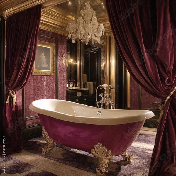 Fototapeta jewel-encrusted bathtub in an extravagant royal suite with velvet drapes.