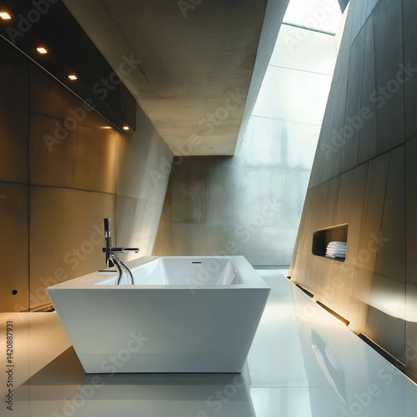 Fototapeta sleek white tub with sharp architectural angles in a brutalist-style bathroom.