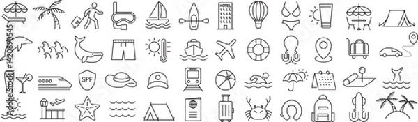 Obraz ベクターでモノクロの夏休みに関する線画アイコンセット
