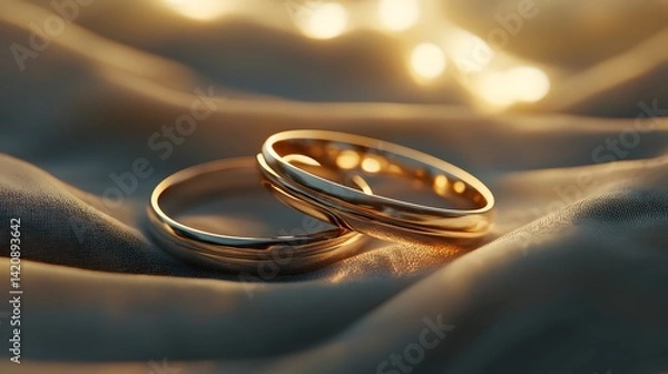 Obraz Two intertwined wedding rings resting on a soft cloth with a glowing light in the background