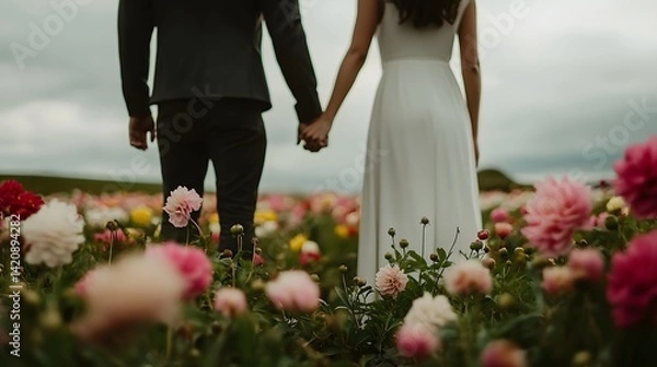 Obraz Couple holding hands while standing in front of a blooming flower field