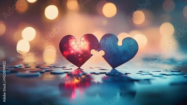 Obraz Two puzzle pieces coming together in the shape of a heart with a soft focus background