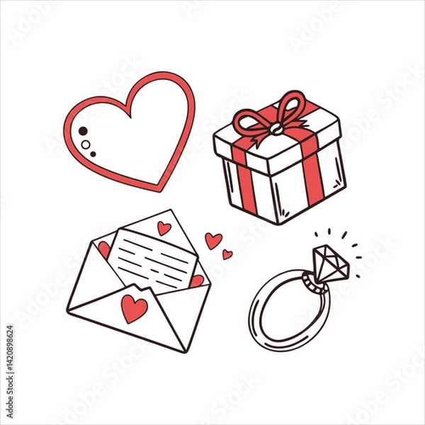 Fototapeta Romantic icons set with gift box, ring, heart and letter – minimal love and Valentine’s day line art elements