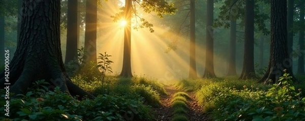 Fototapeta Sunlight breaks through the trees in a serene forest, illuminating a peaceful path.