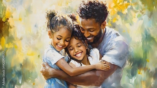 Obraz Family of three playing together in the park with arms around each other and happy faces