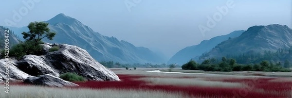Fototapeta calm mountain environment with floral fields in foreground, sharp light and shadow distribution enhancing details, ultra-realistic, photo realistic, highly detailed, fashion editorial concept 
