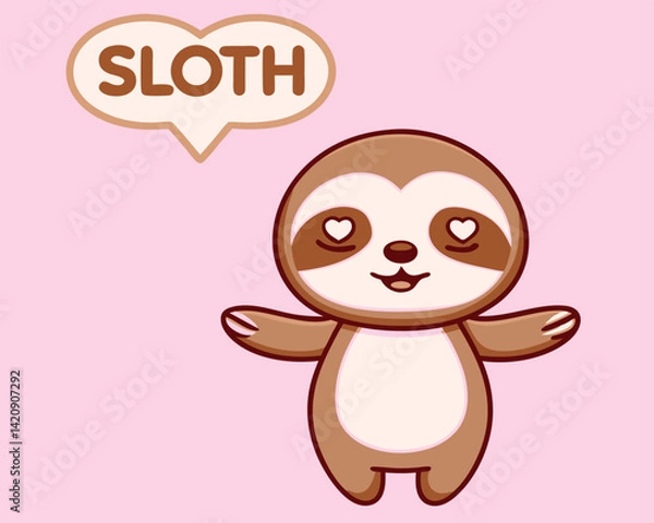 Obraz Cute Cartoon Sloth Character with Speech Bubble on Pink Background.