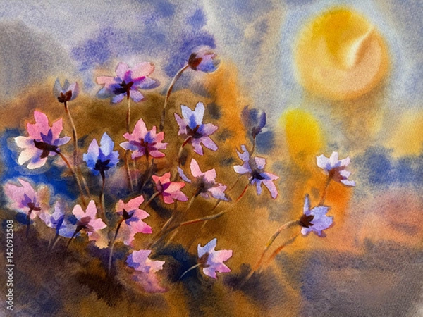 Obraz Blue and pink spring flowers in colorful watercolor background