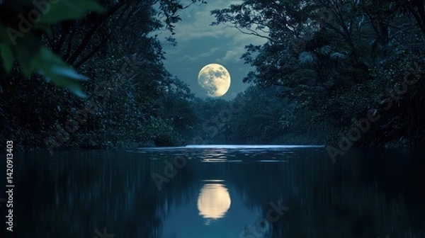 Fototapeta A full moon reflecting on a peaceful river in a dense forest.