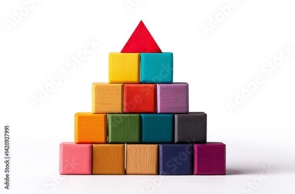 Fototapeta Colorful Wooden Blocks Pyramid Structure: Building a Foundation of Success with Creativity and Strategy