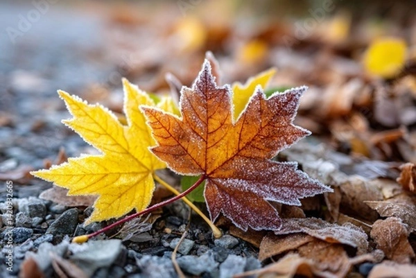 Fototapeta Fallen autumn leaf covered in frost crystals, highlighting texture and the contrast of nature shift