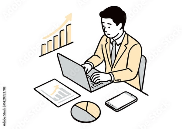Fototapeta ノートパソコンで仕事をするビジネスマンのイラスト（グラフ・資料付き）