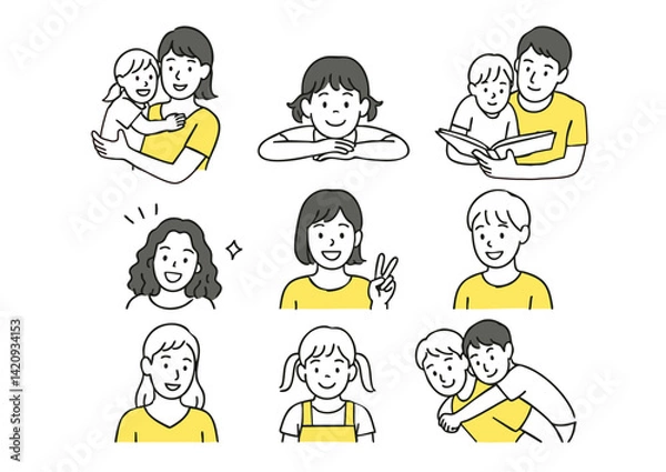 Fototapeta 親子のふれあいや笑顔の子どもたちのイラストセット（育児・日常・家族）