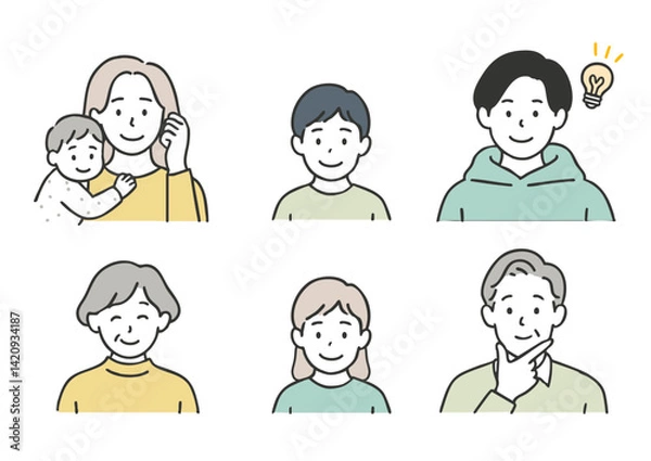 Obraz 笑顔の人物アイコンセット（子どもからシニアまでの男女・多世代）