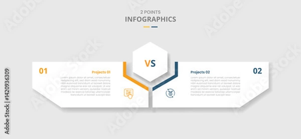 Fototapeta 2 points comparison versus for infographic with hexagon center and creative box shaped by hexagonal with drop shadow with two point list information