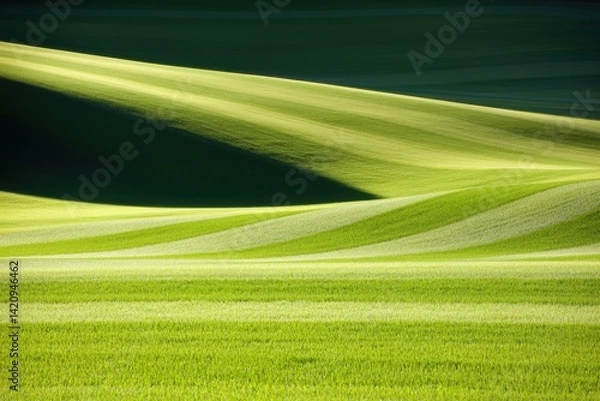 Fototapeta Rolling hills of a vibrant green field, bathed in sunlight and shadows.  Delicate, rhythmic lines create a serene landscape