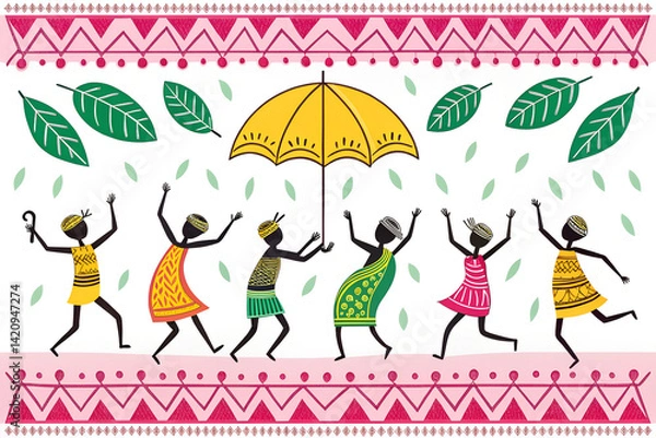 Obraz Festive Dancing Figures Under Umbrella – Vibrant Celebration Scene
