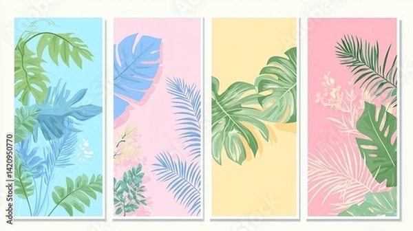 Fototapeta Botanical art prints with tropical leaves and pastel backgrounds design