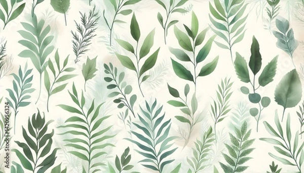 Fototapeta Elegant botanical wallpaper of hand-painted green leaves in watercolor with soft brush textures and calming pastel palette