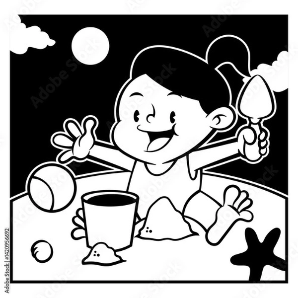 Fototapeta Cute little girl building sandcastle with shovel and bucket toys at the beach. Best for sticker, logo, and mascot with summer themes for kids