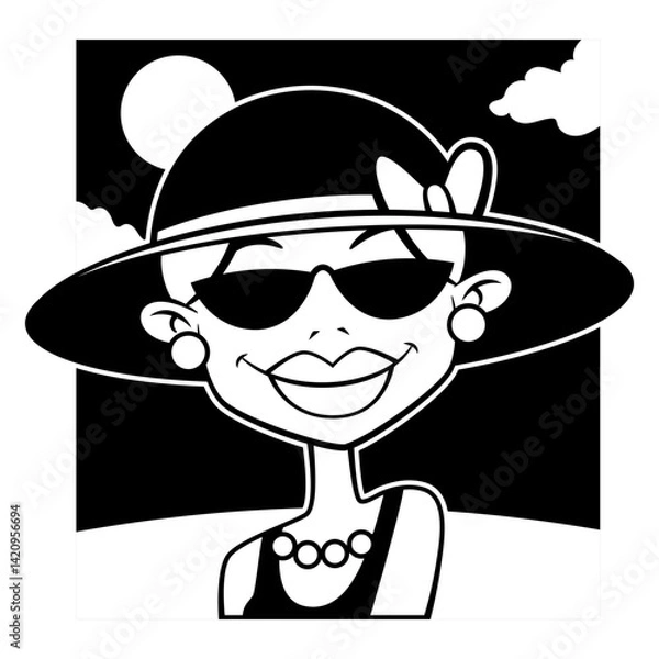 Fototapeta Beautiful Woman cartoon characters wearing hat, sunglasses, pearl earrings and necklace at the beach. Best for sticker, logo, and mascot with summer themes