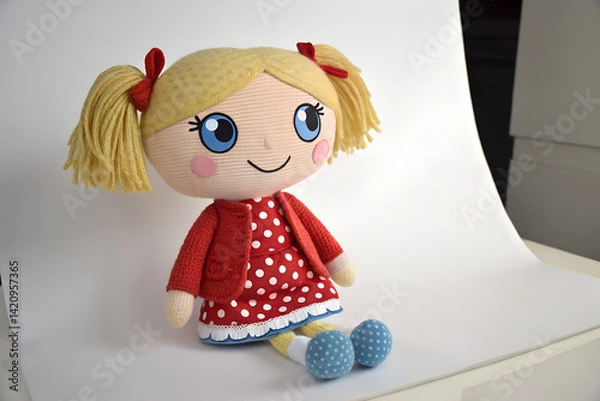 Obraz Blonde Pigtail Doll in Red Outfit – Handmade Plush Charm