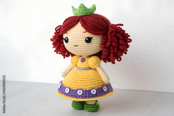 Obraz Handmade Crochet Doll with Red Hair and Crown – Craftsmanship in Yarn