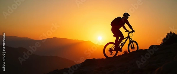 Fototapeta Silhouette of Mountain Biker on Rocks at Sunset: Adventure Outdoor Sports & Nature's Beauty in Golden Hour - Photo Stock Concept with Empty Space