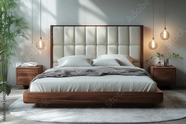 Fototapeta Modern cream leather bed with white wooden frame and nightstand in minimalist bedroom against white wall interior