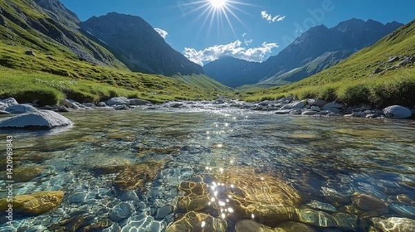 Fototapeta A clear mountain stream shining under midday sun texture background