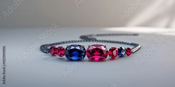 Fototapeta Elaborate necklace with an array of deep blue and ruby red gemstones