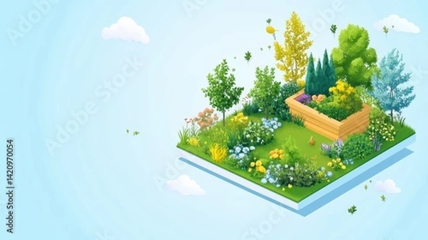 Fototapeta Brightly colored isometric rooftop with grass, shrubs, and planter boxes, clean eco-energy concept, on light blue 