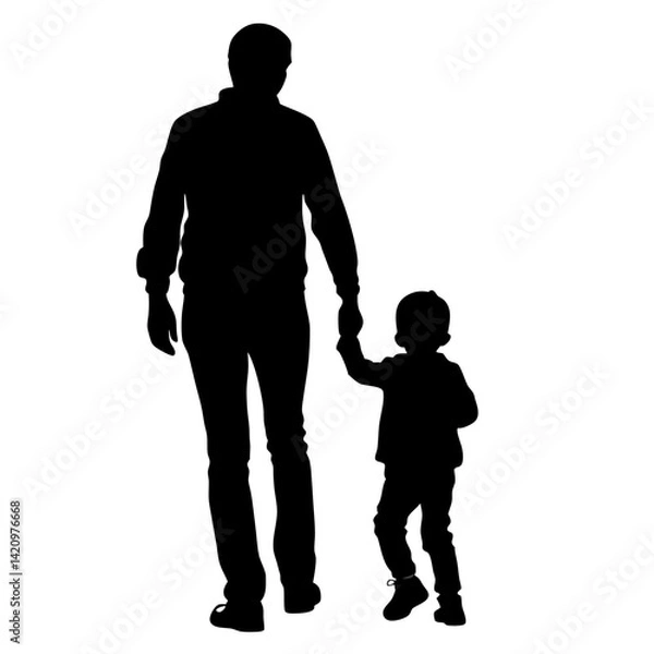 Fototapeta Silhouette Of Father Walking Hand In Hand With Young Son On White Background
