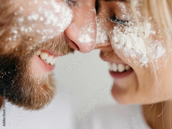 Fototapeta Close up of genuine laughter between couple covered in flour, showcasing joy and connection in playful moment