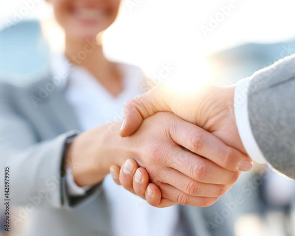 Fototapeta Confident businesswoman shaking hands after successful negotiation, showcasing professionalism and collaboration in bright setting