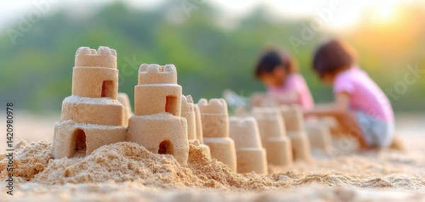 Fototapeta Joyful kids building sandcastles near tide line, creating memories on sunny beach. Their laughter fills air with happiness