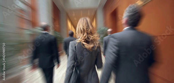 Fototapeta Professional team walking out of meeting room, showcasing dynamic atmosphere and collaboration. captures sense of purpose and teamwork