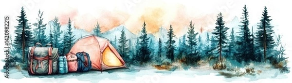 Fototapeta A serene camping scene with a colorful tent and backpacks surrounded by tall evergreen trees and distant mountains, bathed in soft, warm light.