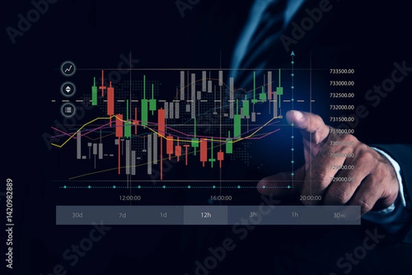 Fototapeta Online trading, Investment, Strategy market plan, Businessman working analysing stock market data on virtual screen of monitor Stock market dashboard.