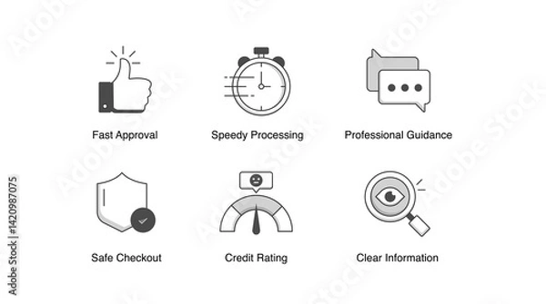 Fototapeta User-Centered Financial Services. Fast Approval, Speedy Processing, Credit Rating, Clear Information, Professional Guidance, Safe Checkout, Help and Support