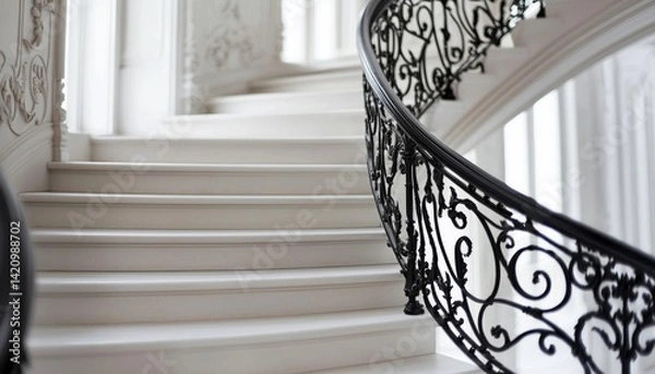 Obraz elegant white staircase with a black wrought iron railing in a vintage building, emphasizing the intricate details and timeless design of the architecture