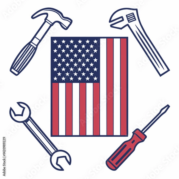 Obraz American Flag with Tools Vector – AI Design File on White Background