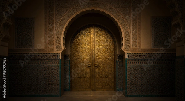 Obraz Ornate Golden Double Doors in a Moroccan Archway with Intricate Tilework