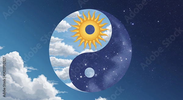 Obraz Celestial Yin Yang Symbol Sun Moon Stars Clouds Day and Night Harmony
