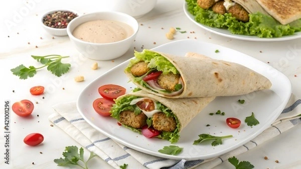 Fototapeta Chicken Wrap with Salad: A delicious chicken wrap filled with fresh lettuce, juicy tomatoes, and creamy sauce, served on a white plate with a side of fresh herbs.