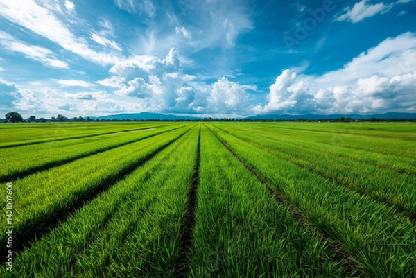 Fototapeta A lush rice paddy field with neat, under a bright, sunset sky, green rows stretching