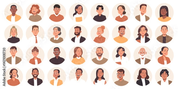 Fototapeta Set of various round portraits of business men and women of different ages and races. Vector illustration