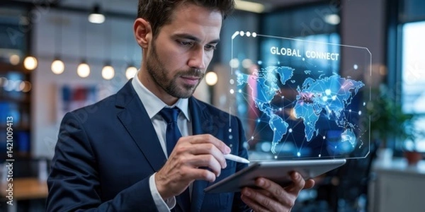 Fototapeta Businessman examines global connection technology on tablet.